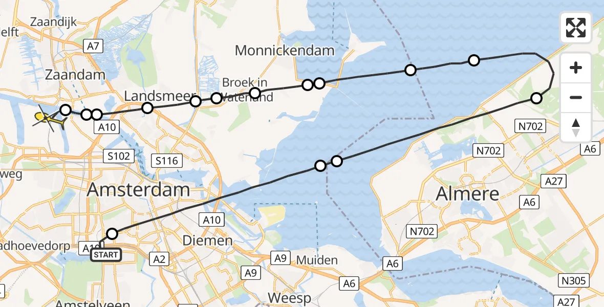 Routekaart van de vlucht: Lifeliner 1 naar Amsterdam Heliport