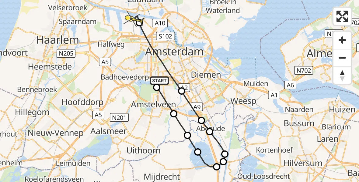 Routekaart van de vlucht: Lifeliner 1 naar Amsterdam Heliport