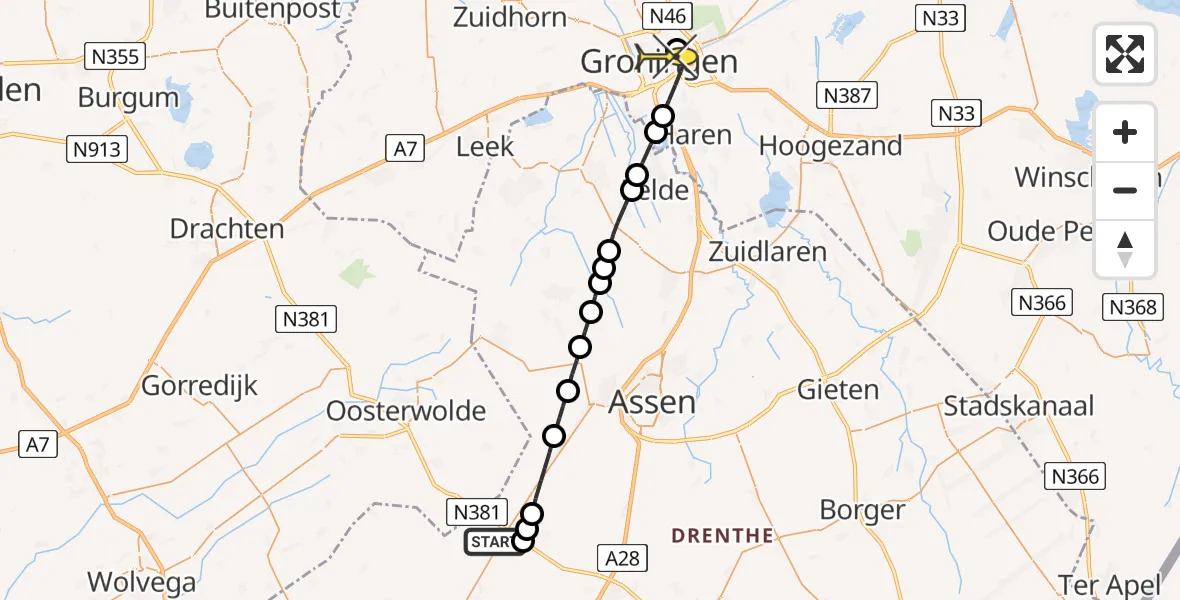 Routekaart van de vlucht: Lifeliner 4 naar Universitair Medisch Centrum Groningen