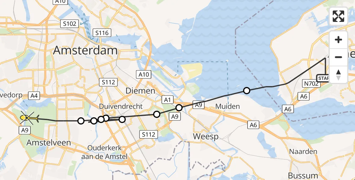 Routekaart van de vlucht: Politieheli naar Amstelveen