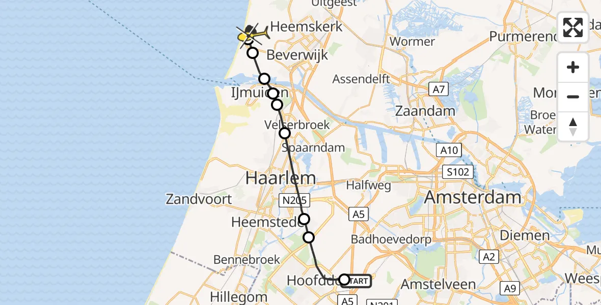 Routekaart van de vlucht: Politiehelikopter naar Heemskerk
