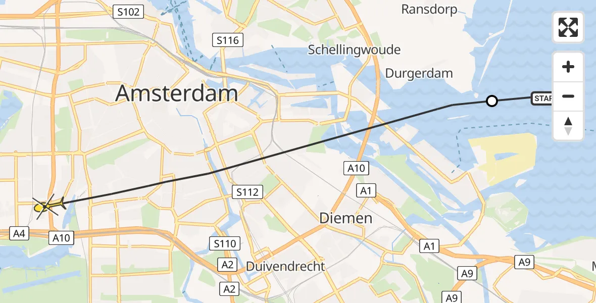 Routekaart van de vlucht: Politiehelikopter naar Amsterdam