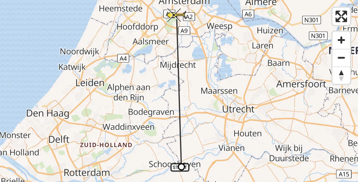 Routekaart van de vlucht: Politieheli naar VU Medisch Centrum Amsterdam