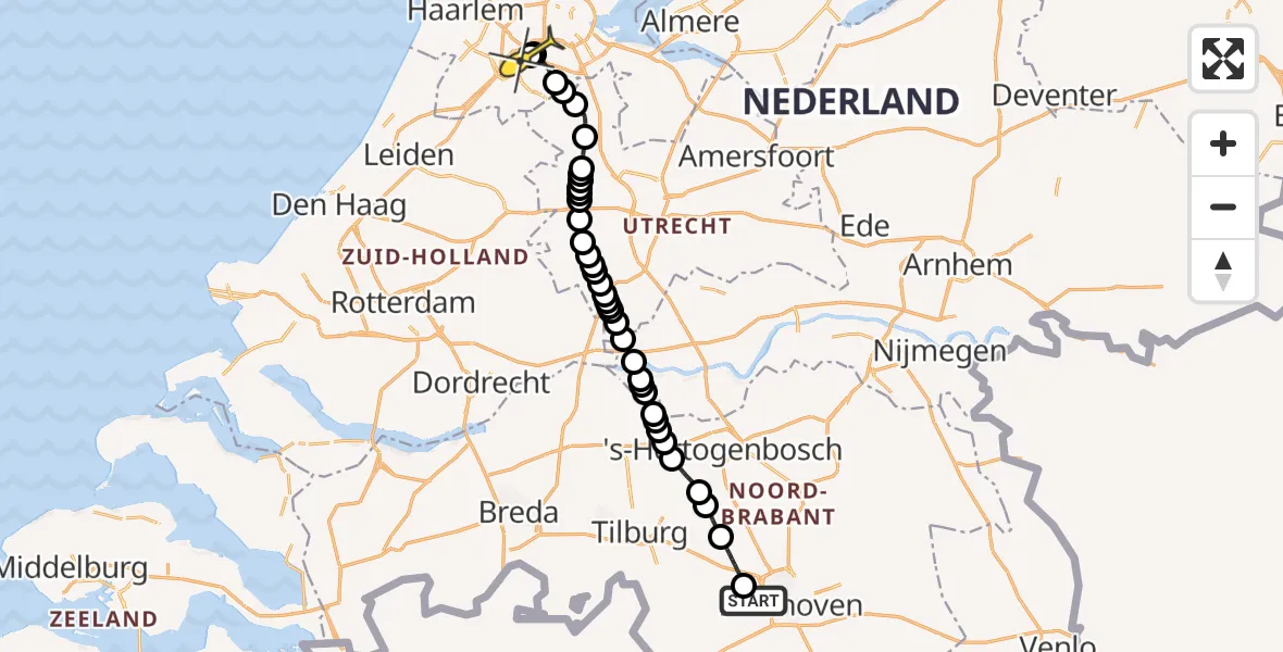 Routekaart van de vlucht: Politieheli naar Schiphol