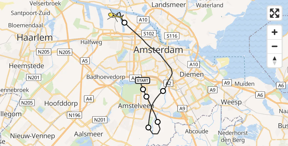 Routekaart van de vlucht: Lifeliner 1 naar Amsterdam Heliport