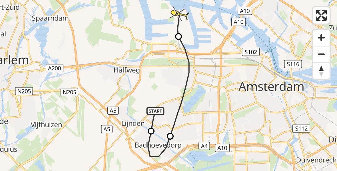 Routekaart van de vlucht: Lifeliner 1 naar Amsterdam Heliport