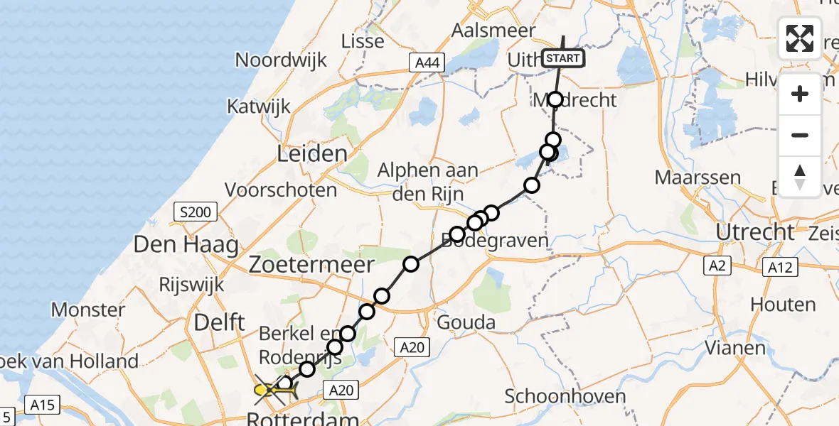 Routekaart van de vlucht: Politieheli naar Rotterdam The Hague Airport