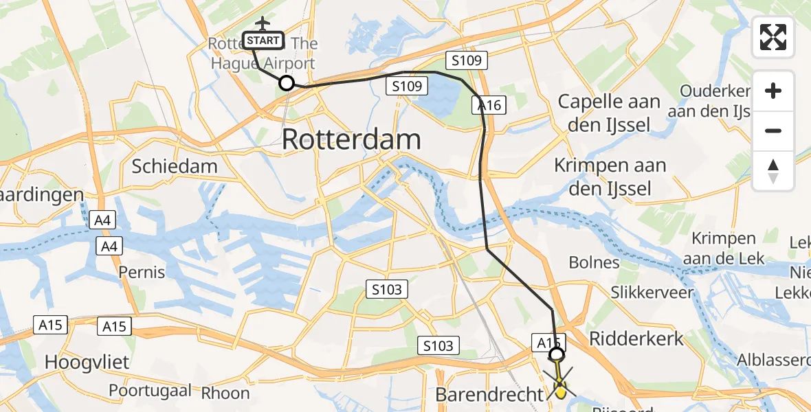 Routekaart van de vlucht: Politiehelikopter naar Ridderkerk