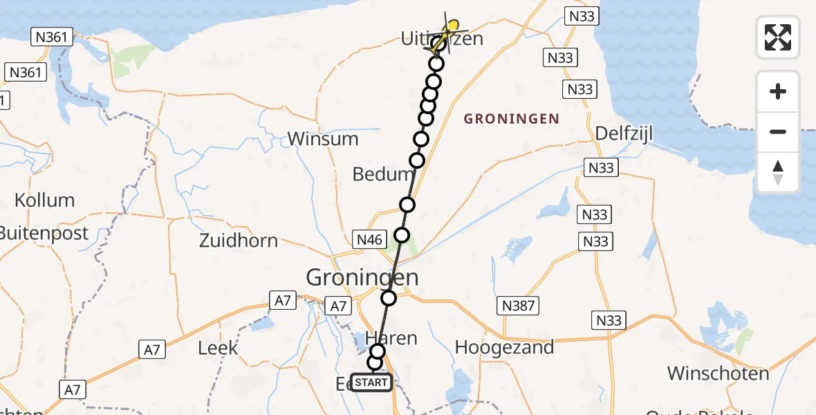 Routekaart van de vlucht: Lifeliner 4 naar Uithuizen
