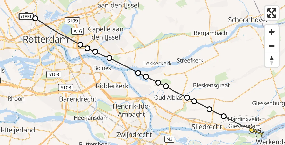 Routekaart van de vlucht: Lifeliner 2 naar Hardinxveld-Giessendam