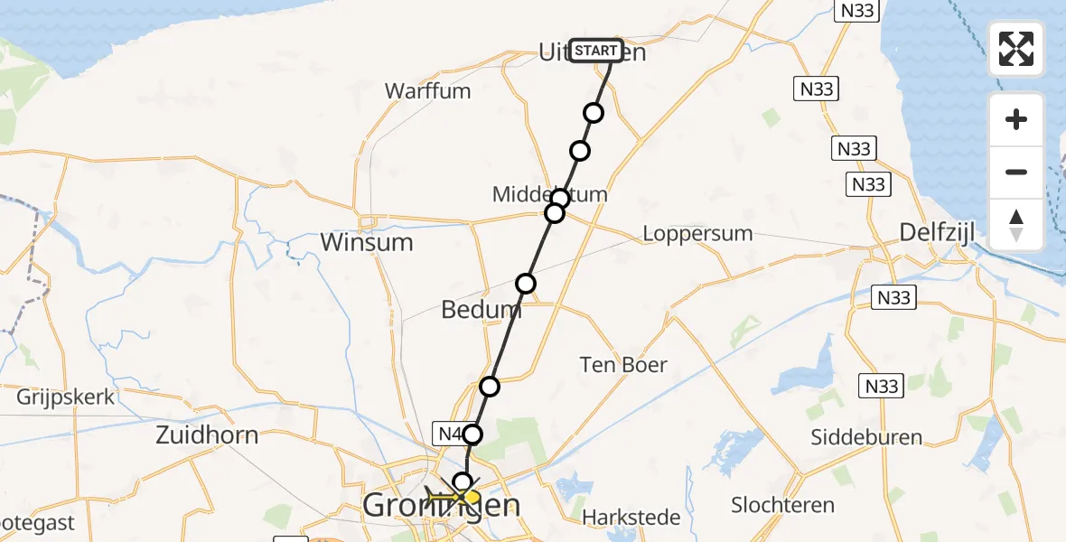 Routekaart van de vlucht: Lifeliner 4 naar Universitair Medisch Centrum Groningen