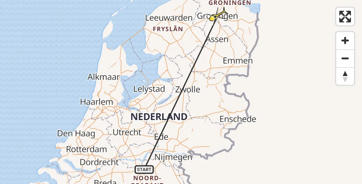 Vluchtroute Traumahelikopter van Rosmalen naar Universitair Medisch Centrum Groningen