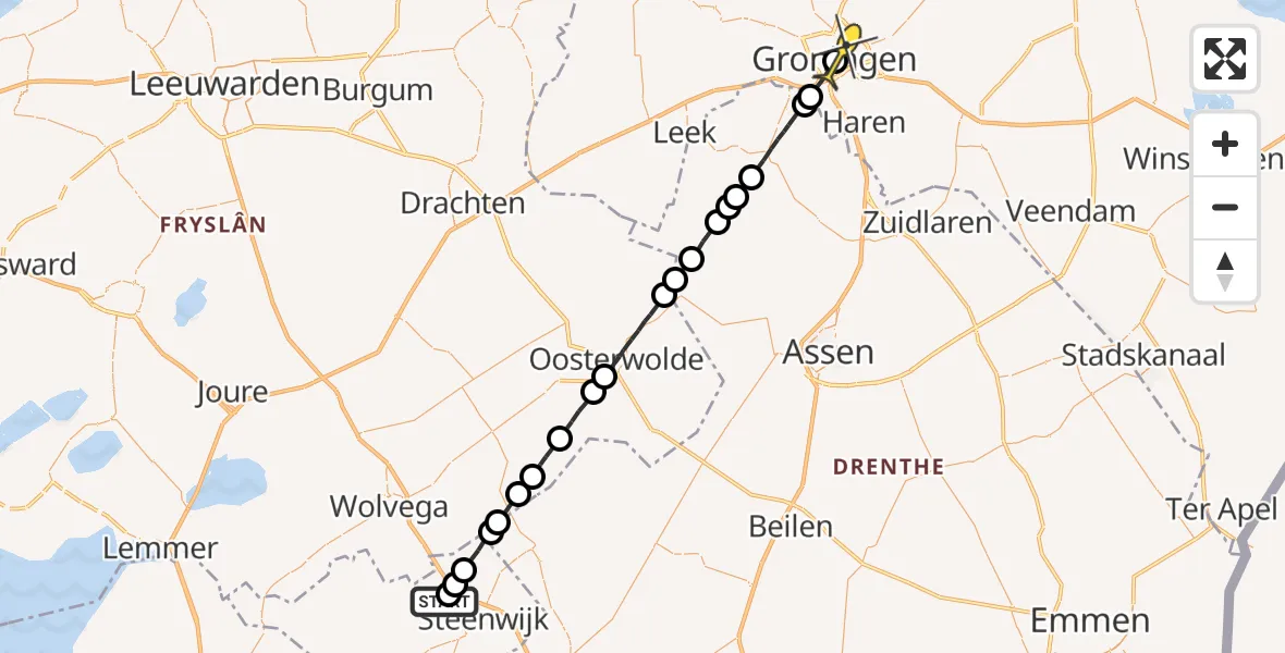 Routekaart van de vlucht: Lifeliner 4 naar Universitair Medisch Centrum Groningen