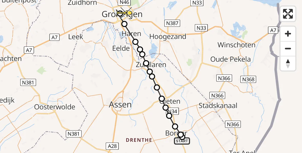 Routekaart van de vlucht: Lifeliner 4 naar Universitair Medisch Centrum Groningen