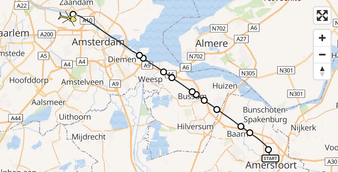 Routekaart van de vlucht: Lifeliner 1 naar Amsterdam Heliport