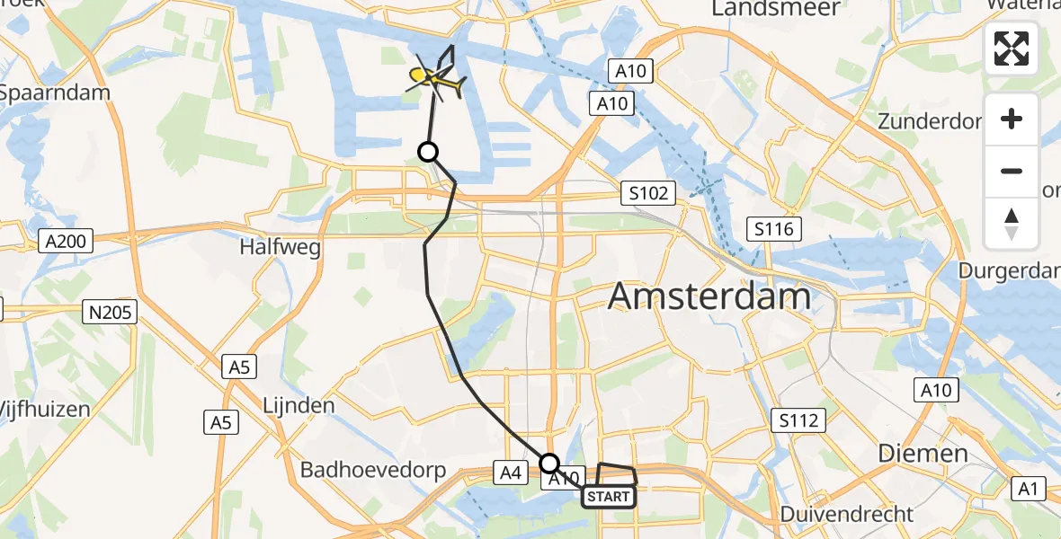 Routekaart van de vlucht: Lifeliner 1 naar Amsterdam Heliport