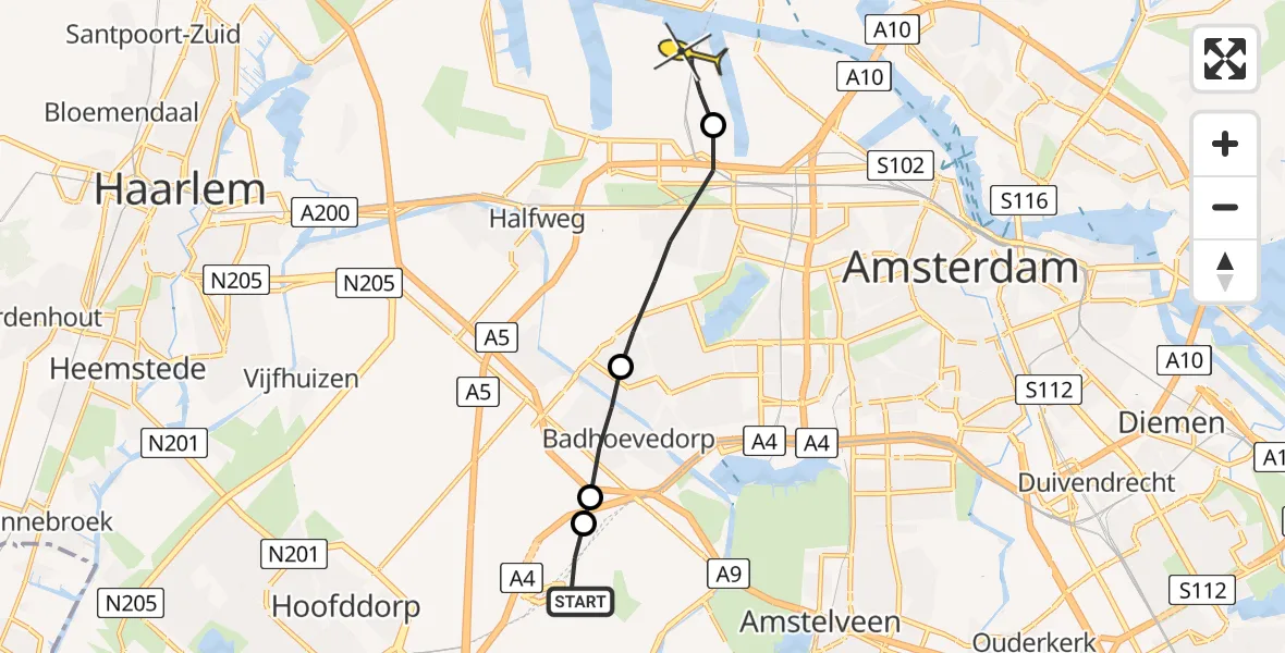 Routekaart van de vlucht: Lifeliner 1 naar Amsterdam Heliport