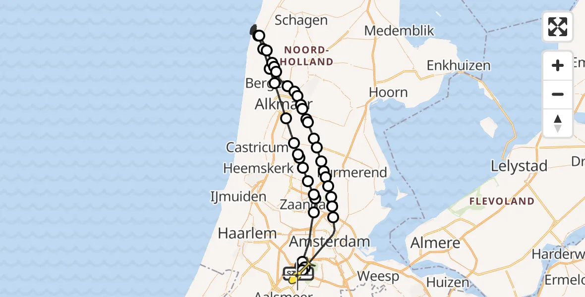 Routekaart van de vlucht: Politieheli naar Schiphol