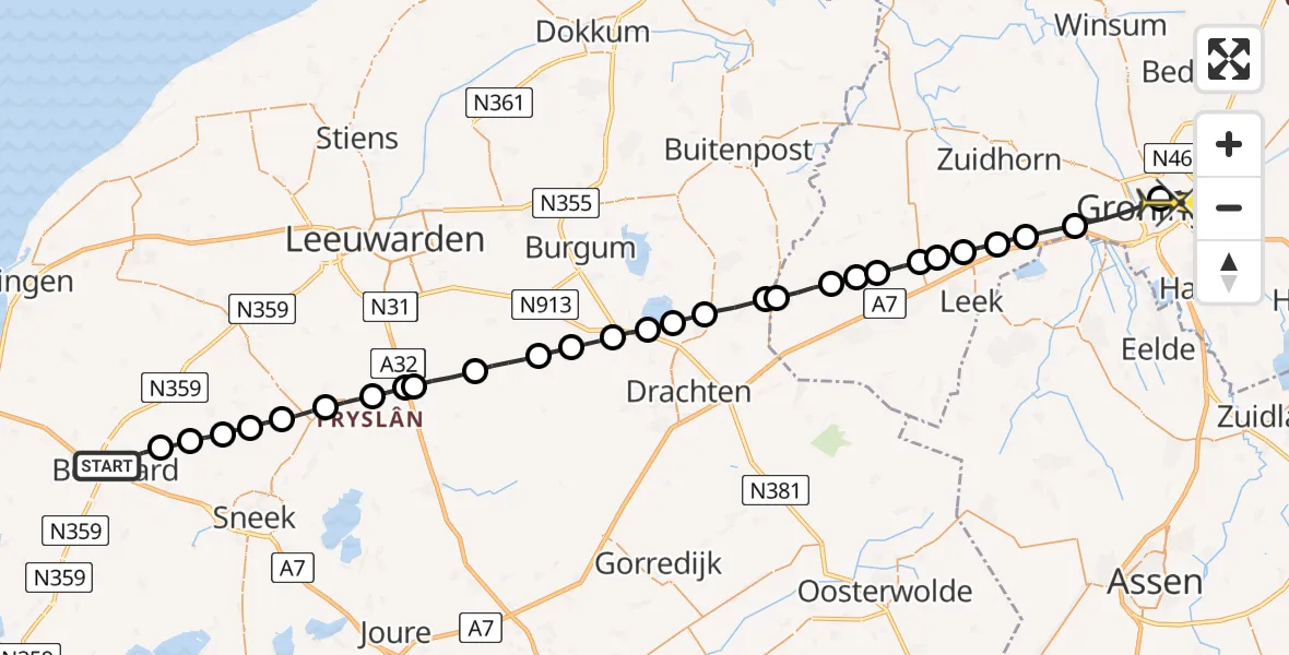 Routekaart van de vlucht: Lifeliner 4 naar Universitair Medisch Centrum Groningen