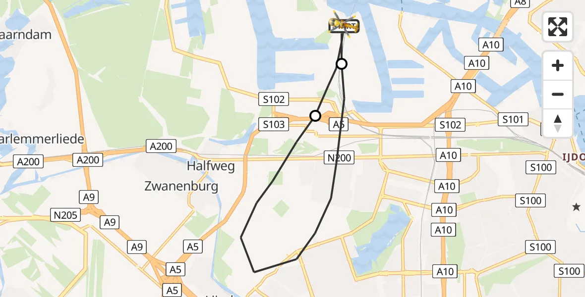 Vluchtroute Traumahelikopter Amsterdam Heliport - Amsterdam Heliport, 19 juli 2023, 19:48