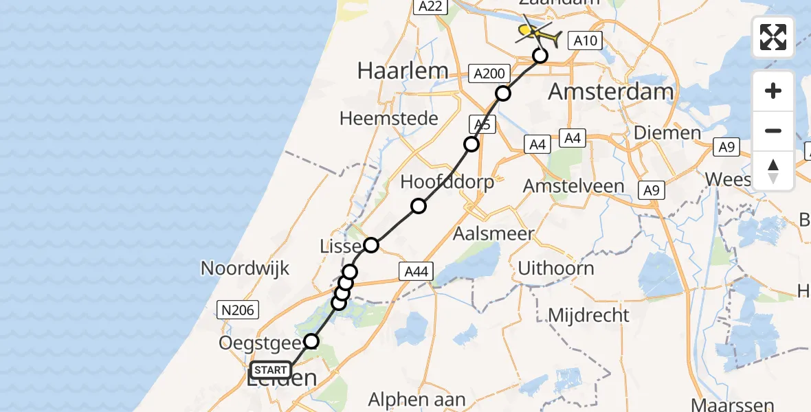 Routekaart van de vlucht: Lifeliner 1 naar Amsterdam Heliport