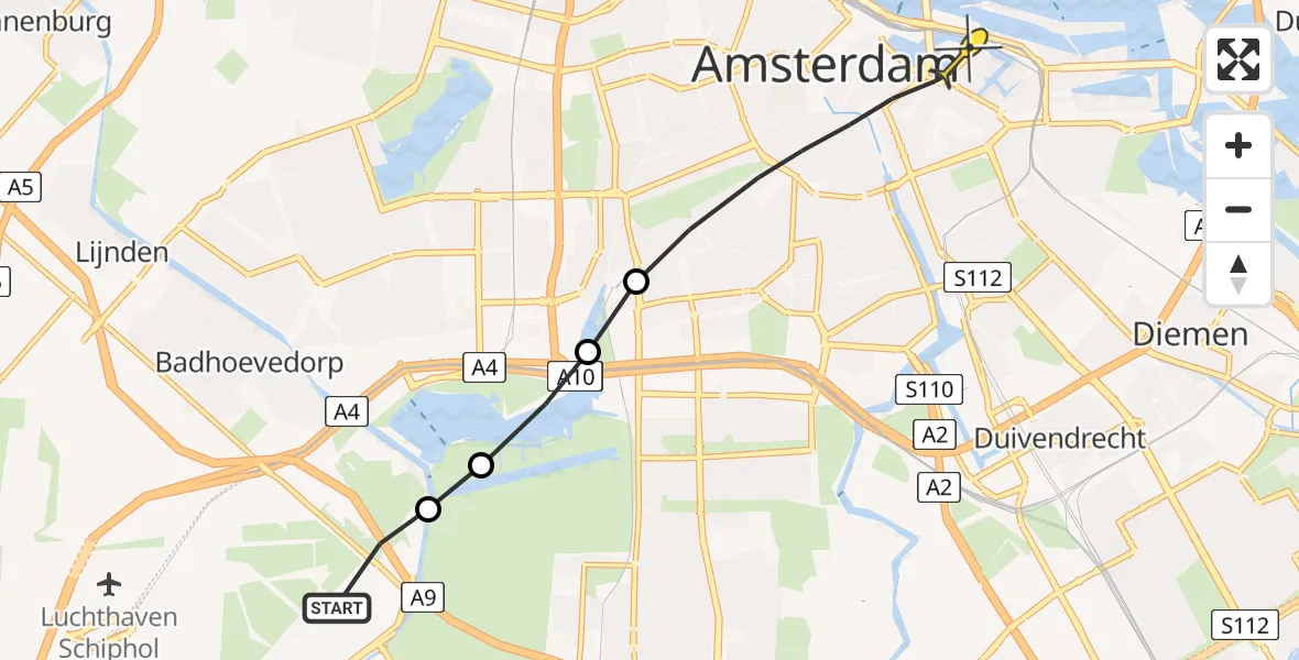 Routekaart van de vlucht: Politieheli naar Amsterdam