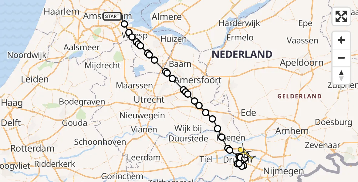 Routekaart van de vlucht: Politieheli naar Dodewaard