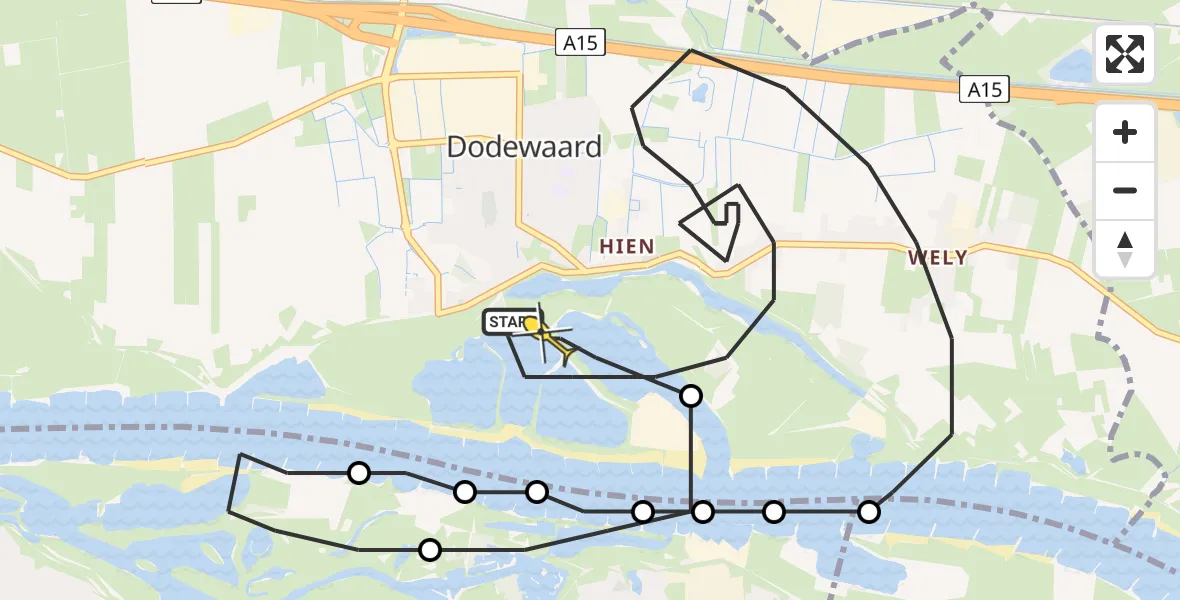 Routekaart van de vlucht: Politieheli naar Dodewaard