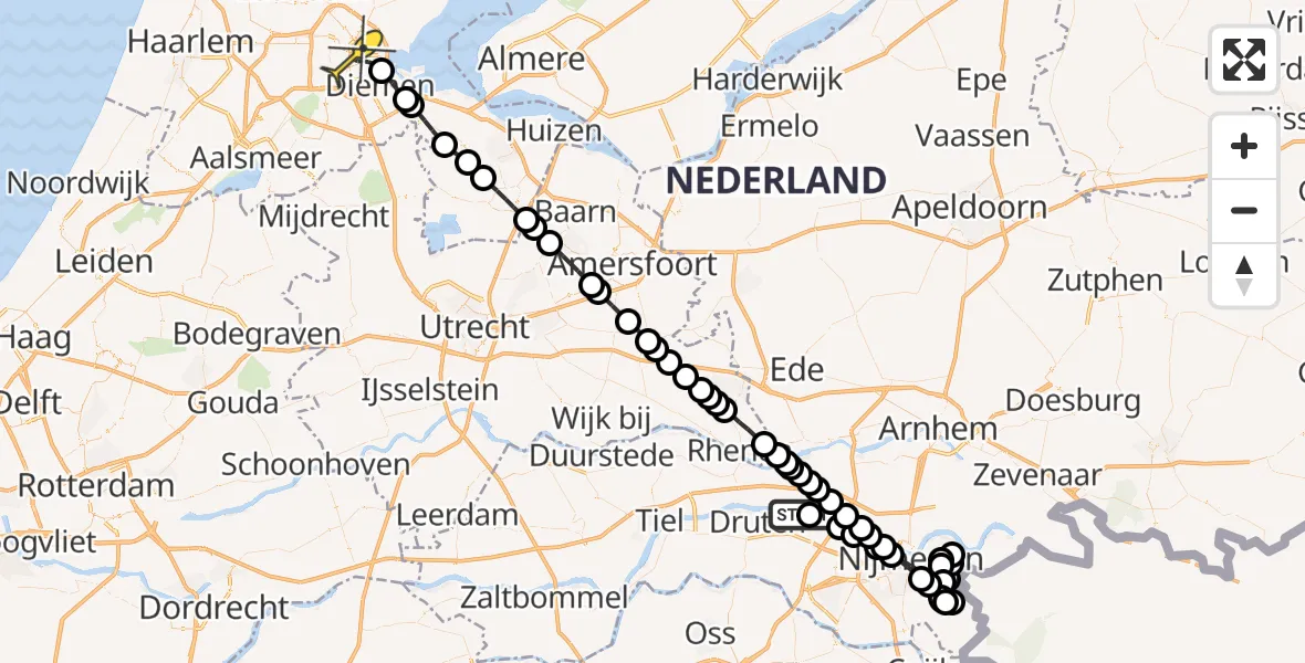 Routekaart van de vlucht: Politiehelikopter naar Amsterdam