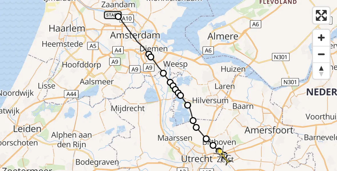 Routekaart van de vlucht: Lifeliner 1 naar Zeist