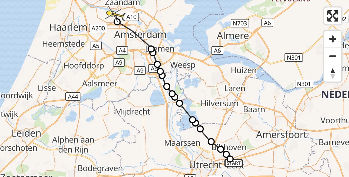 Routekaart van de vlucht: Lifeliner 1 naar Amsterdam Heliport