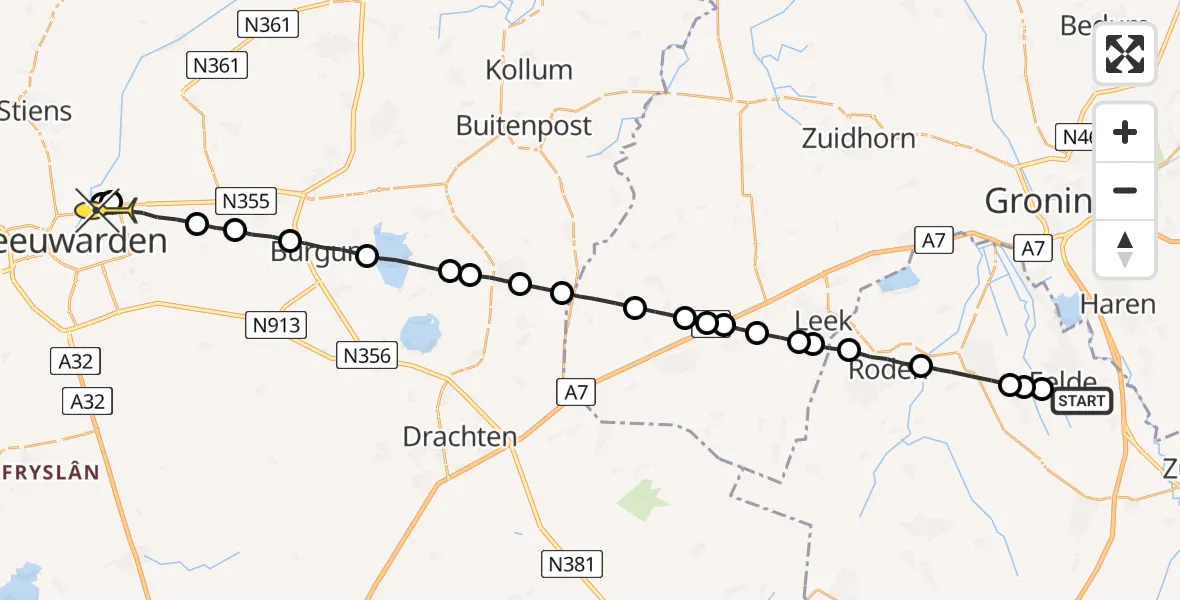 Routekaart van de vlucht: Lifeliner 4 naar Leeuwarden