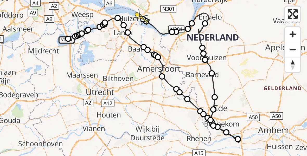 Routekaart van de vlucht: Politieheli naar Blaricum