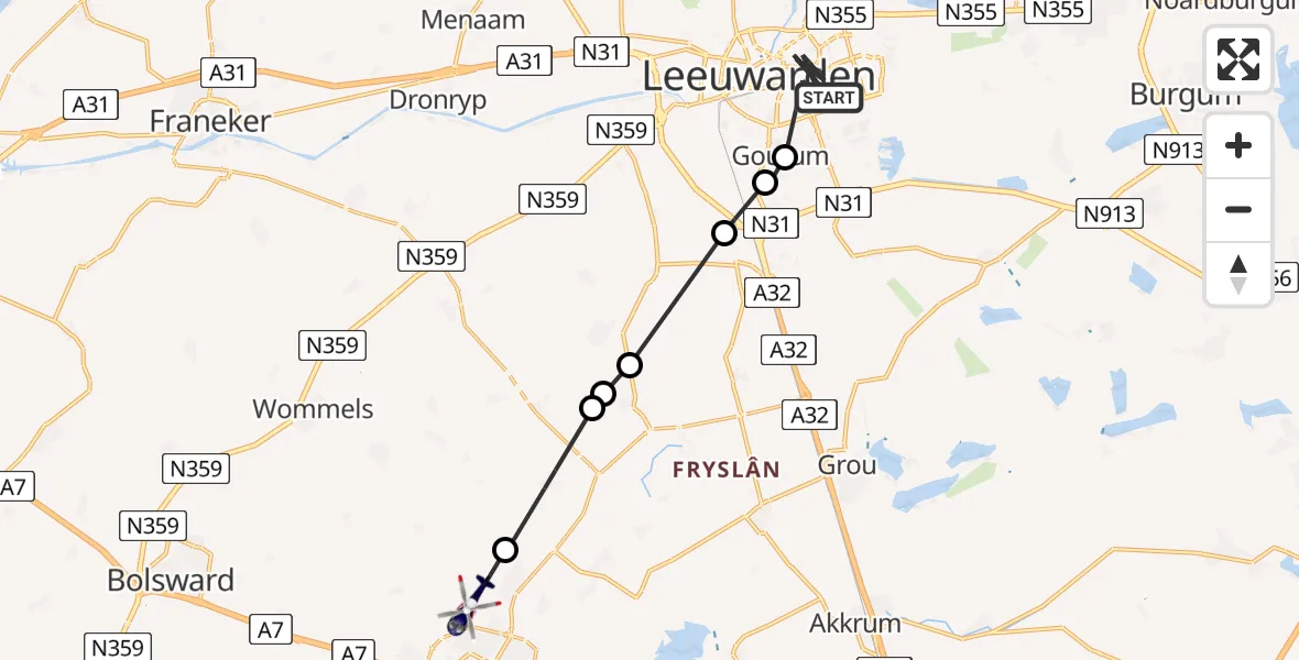 Vluchtroute Politiehelikopter Leeuwarden - Loënga, 20 juli 2023, 12:21