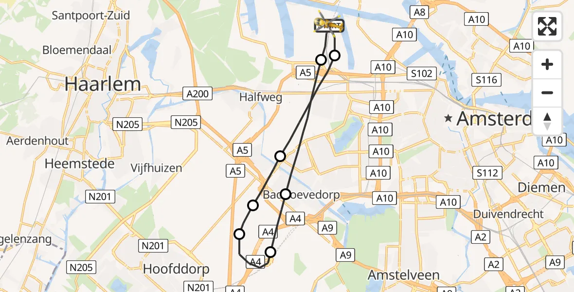 Vluchtroute Traumahelikopter Amsterdam Heliport - Amsterdam Heliport, 20 juli 2023, 13:02