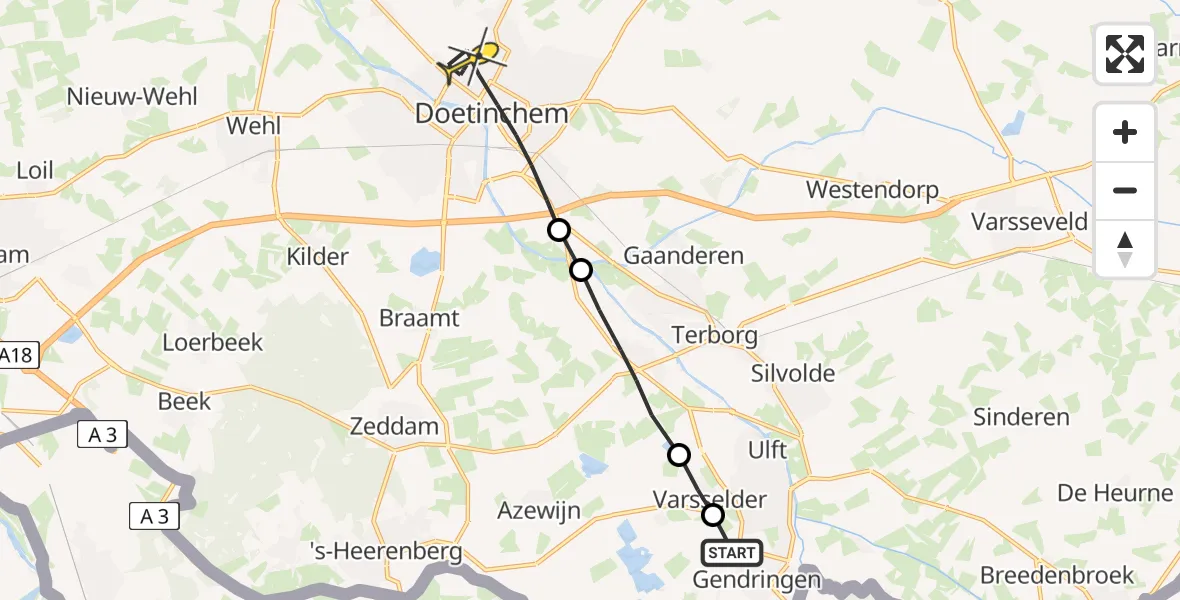 Routekaart van de vlucht: Lifeliner 3 naar Doetinchem