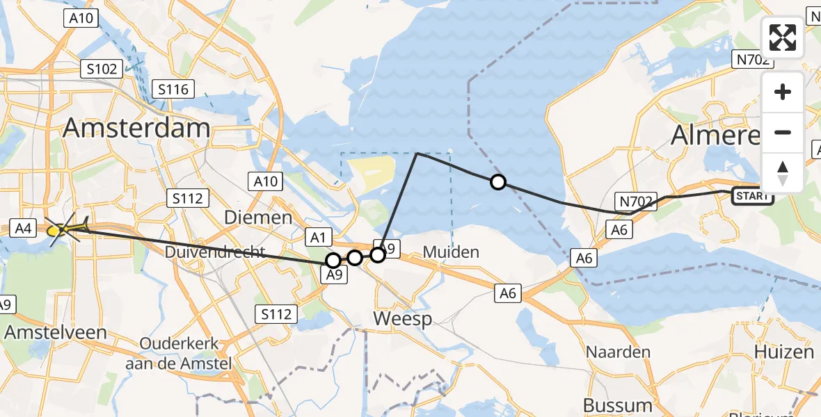 Routekaart van de vlucht: Politiehelikopter naar VU Medisch Centrum Amsterdam