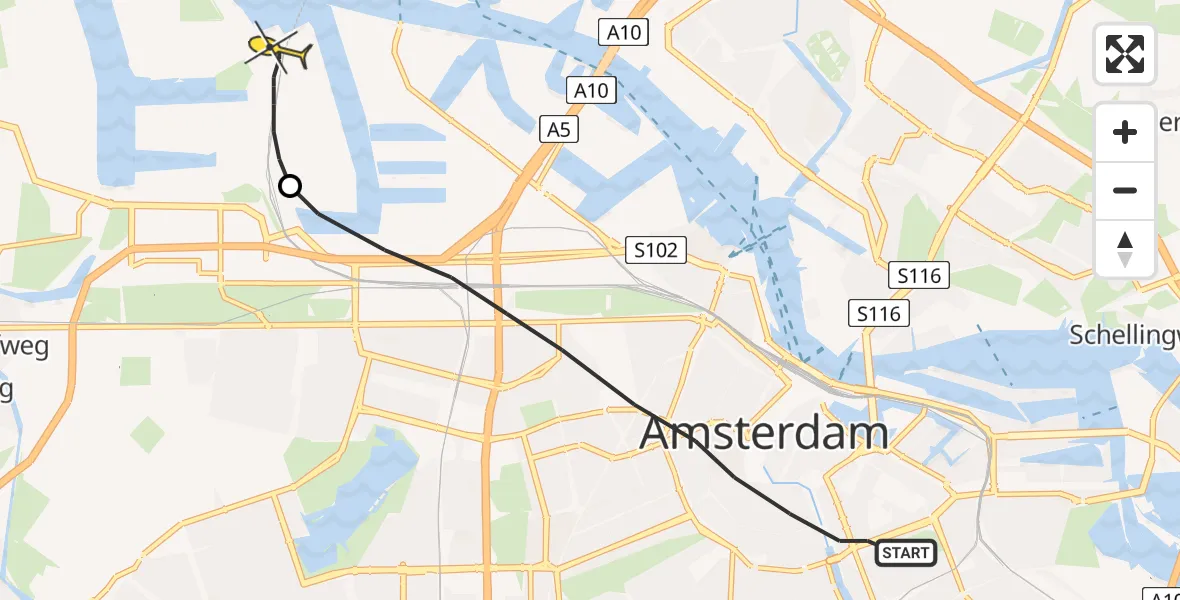 Routekaart van de vlucht: Lifeliner 1 naar Amsterdam Heliport