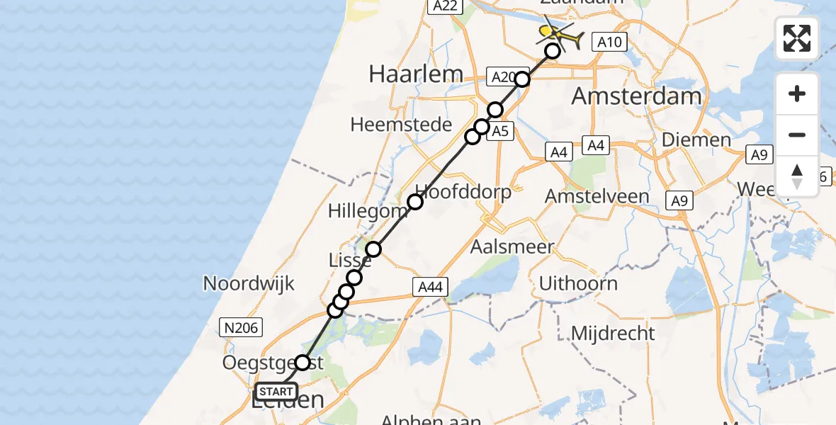 Routekaart van de vlucht: Lifeliner 1 naar Amsterdam Heliport