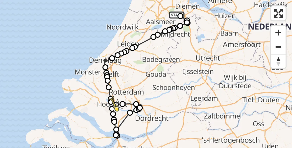 Routekaart van de vlucht: Politieheli naar Hoogvliet