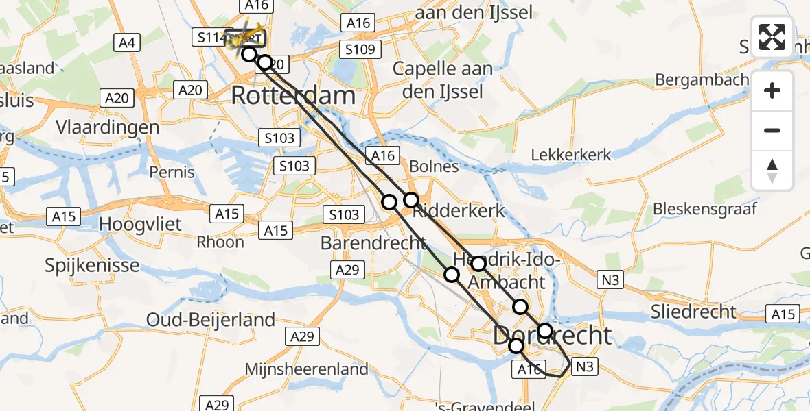 Vluchtroute Traumahelikopter Rotterdam The Hague Airport - Rotterdam The Hague Airport, 21 juli 2023, 01:11