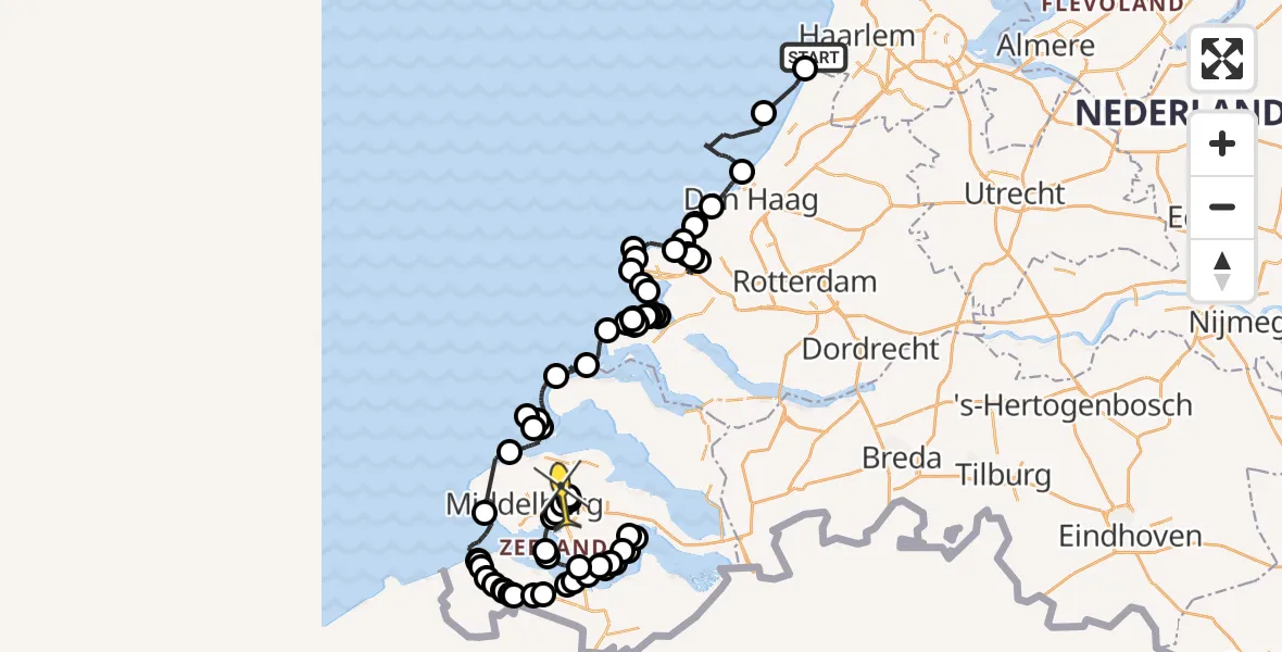 Routekaart van de vlucht: Politieheli naar Vliegveld Midden-Zeeland