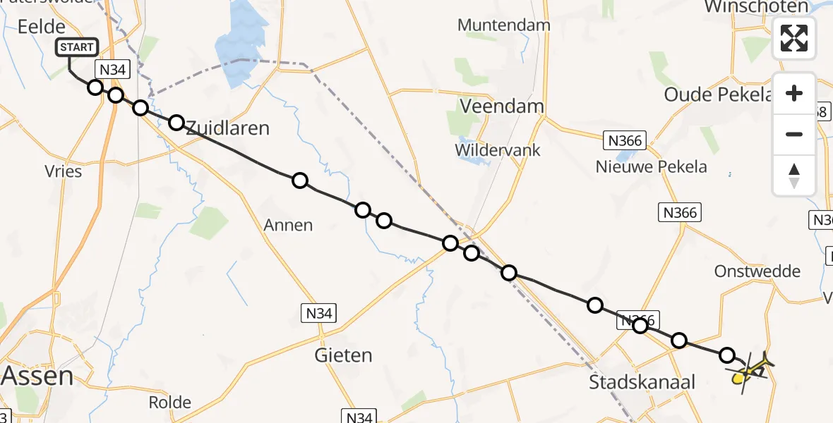 Routekaart van de vlucht: Lifeliner 4 naar Vliegveld Stadskanaal