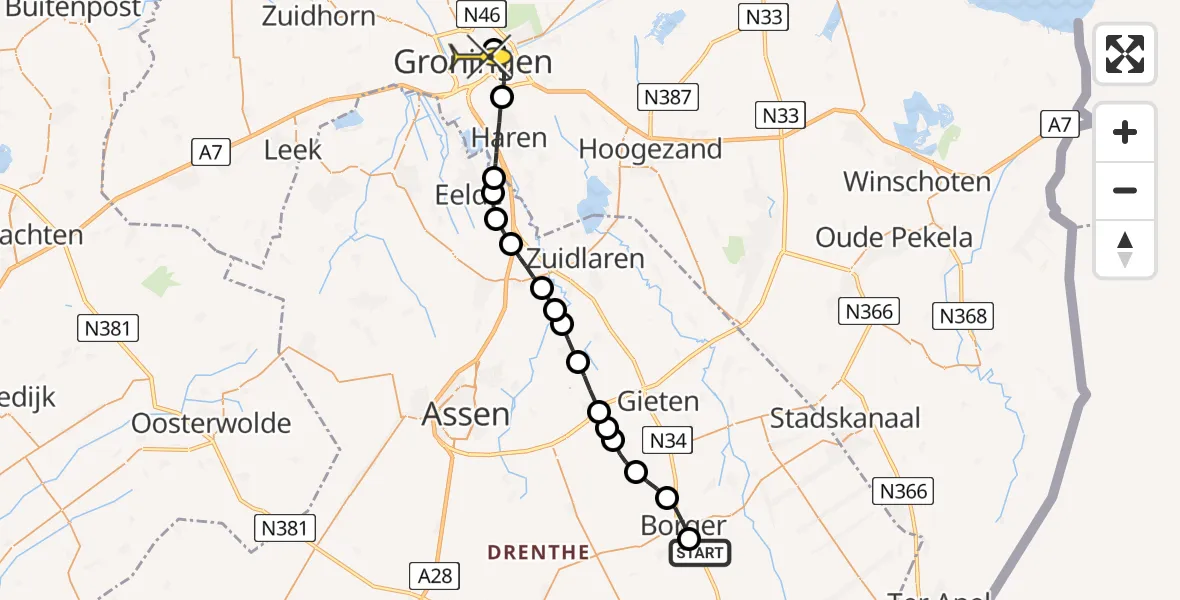 Routekaart van de vlucht: Lifeliner 4 naar Universitair Medisch Centrum Groningen