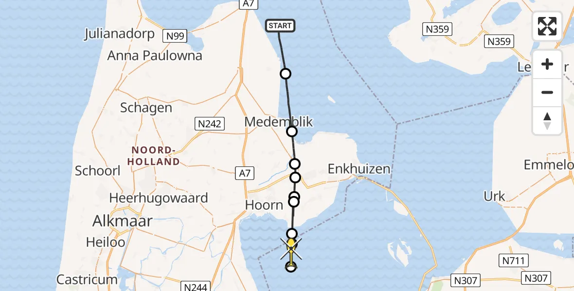 Routekaart van de vlucht: Politiehelikopter naar Lelystad