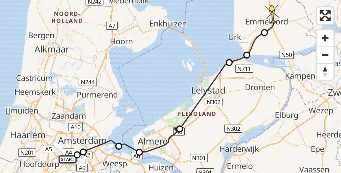 Routekaart van de vlucht: Politiehelikopter naar Emmeloord