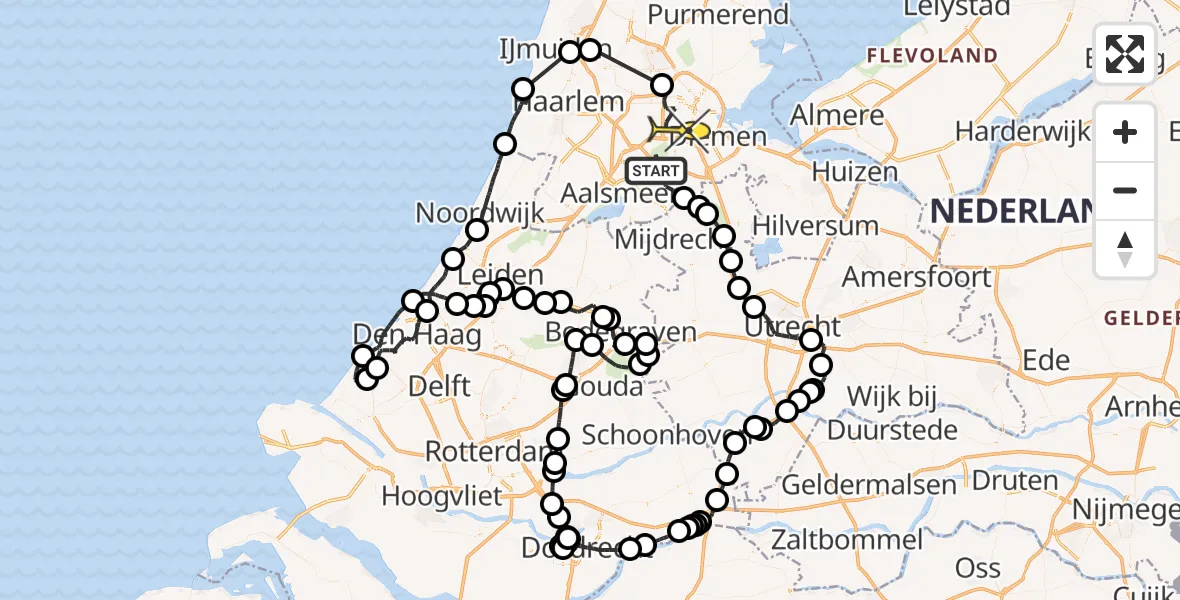 Routekaart van de vlucht: Politieheli naar Amsterdam