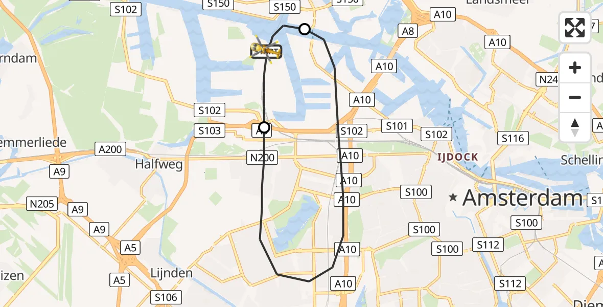 Vluchtroute Traumahelikopter Amsterdam Heliport - Amsterdam Heliport, 21 juli 2023, 22:02