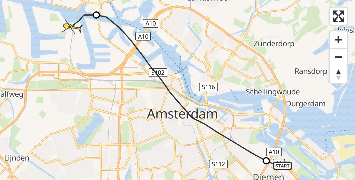 Routekaart van de vlucht: Lifeliner 1 naar Amsterdam Heliport