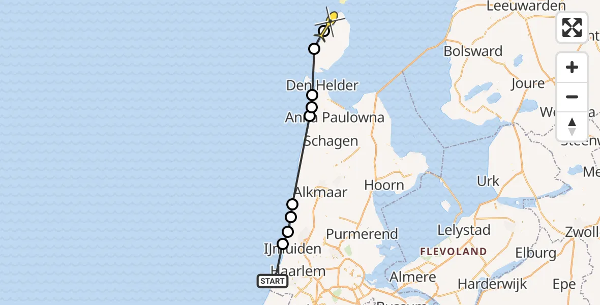 Routekaart van de vlucht: Politiehelikopter naar De Cocksdorp